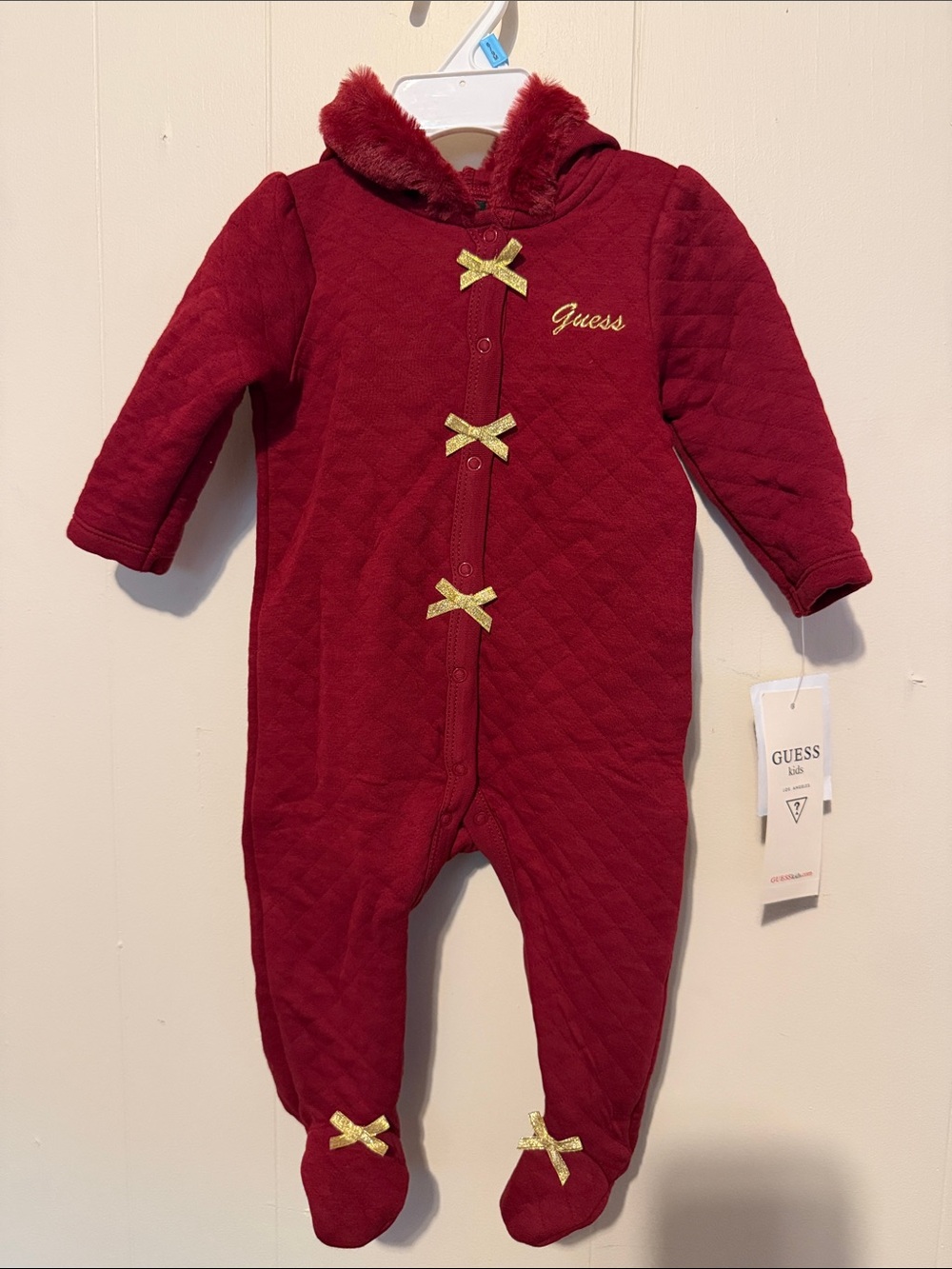 Guess Burgundy Quilted Hooded Footie with Gold Bows